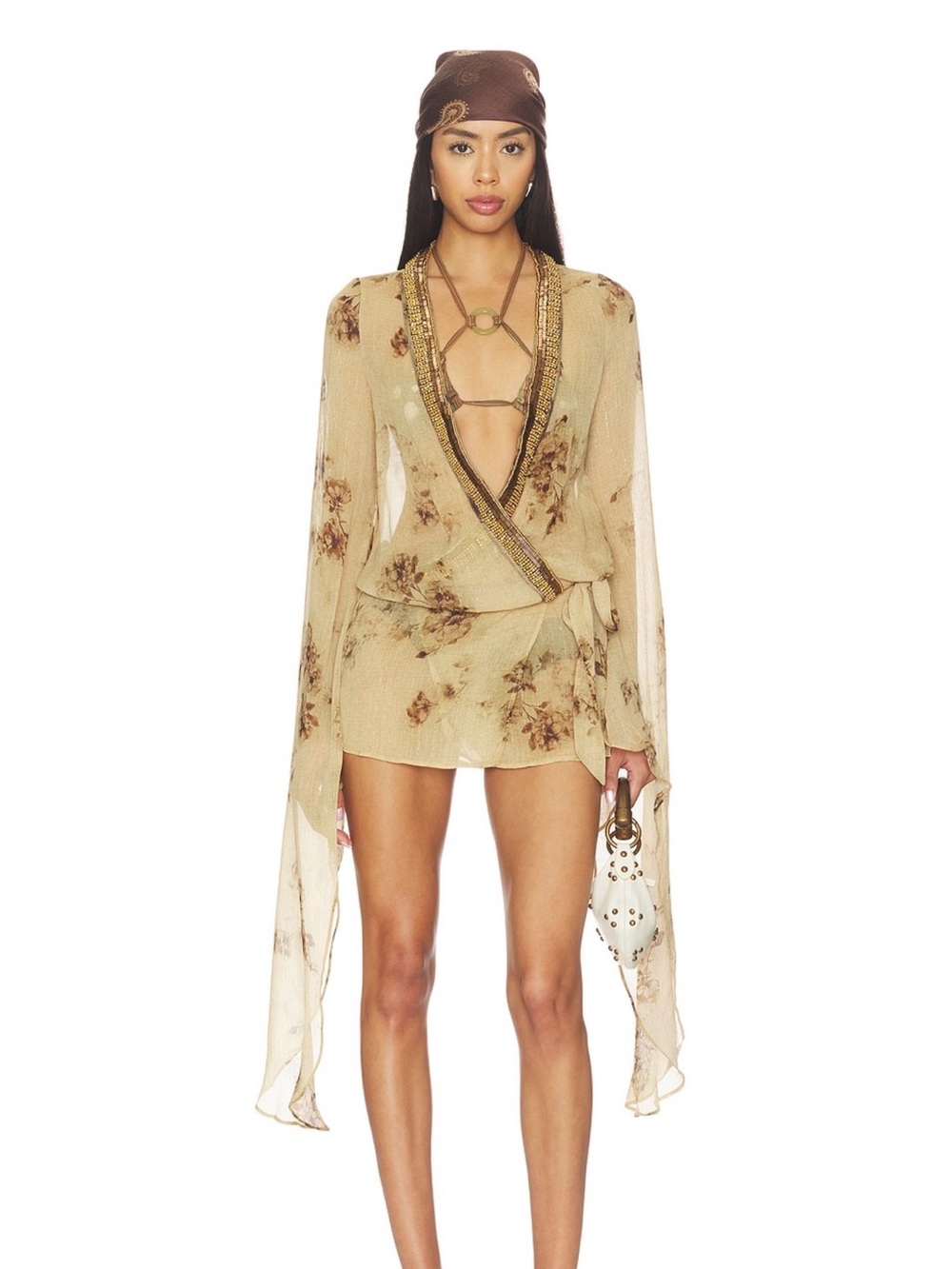 JADED LONDON PLUNGE DRESS WITH MAXI SLEEVES IN YELLOW, SIZE SMALL